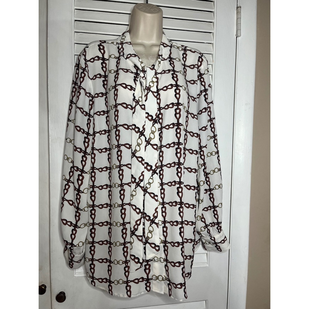 TALBOTS Womens XL Chain Print Button Up Blouse Shirt Long Sleeve Tie Neck